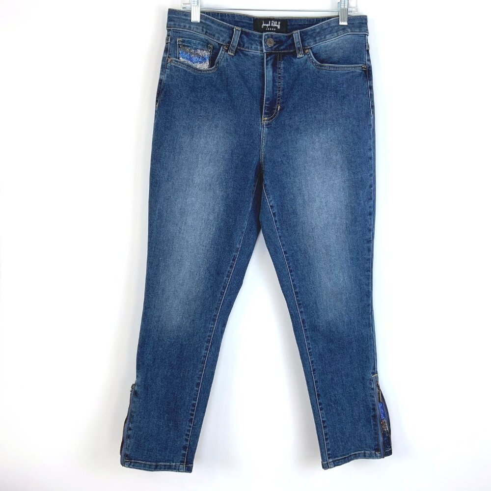 Joseph Ribkoff Rhinestones Embellished Medium Wash Denim Jeans Sz 12-10